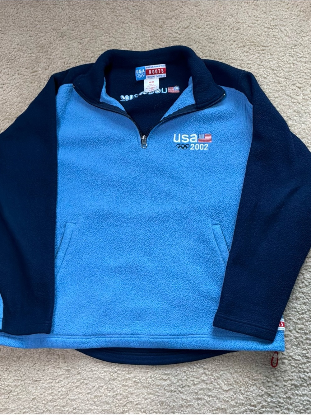 Roots Men's Blue and Navy Quarter-Zip USA 2002 Olympic Sherpa Fleece